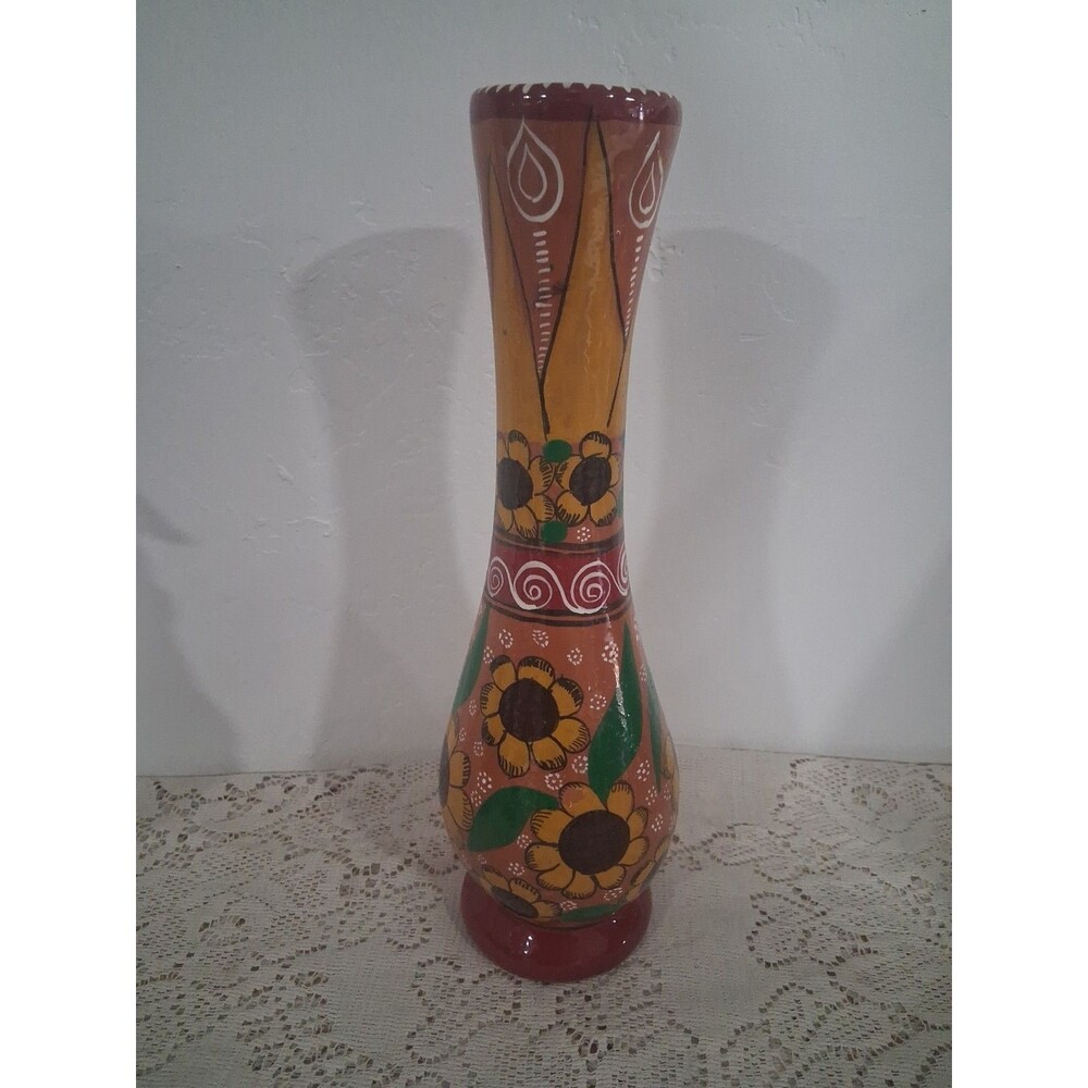 Vtg Hand Painted Mexican Clay Vase Colorful Folk Art Pottery Sunflower 12.5"
